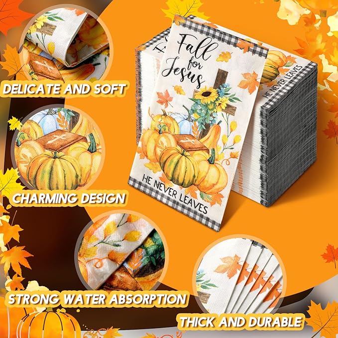 200 Pcs Fall for Jesus Pumpkin Napkins Autumn Guest Napkins Disposable Decorative Paper Napkins Guest Hand Towels for Bathroom Thanksgiving Napkins for Home Dinner Kitchen Bathroom Holiday Party