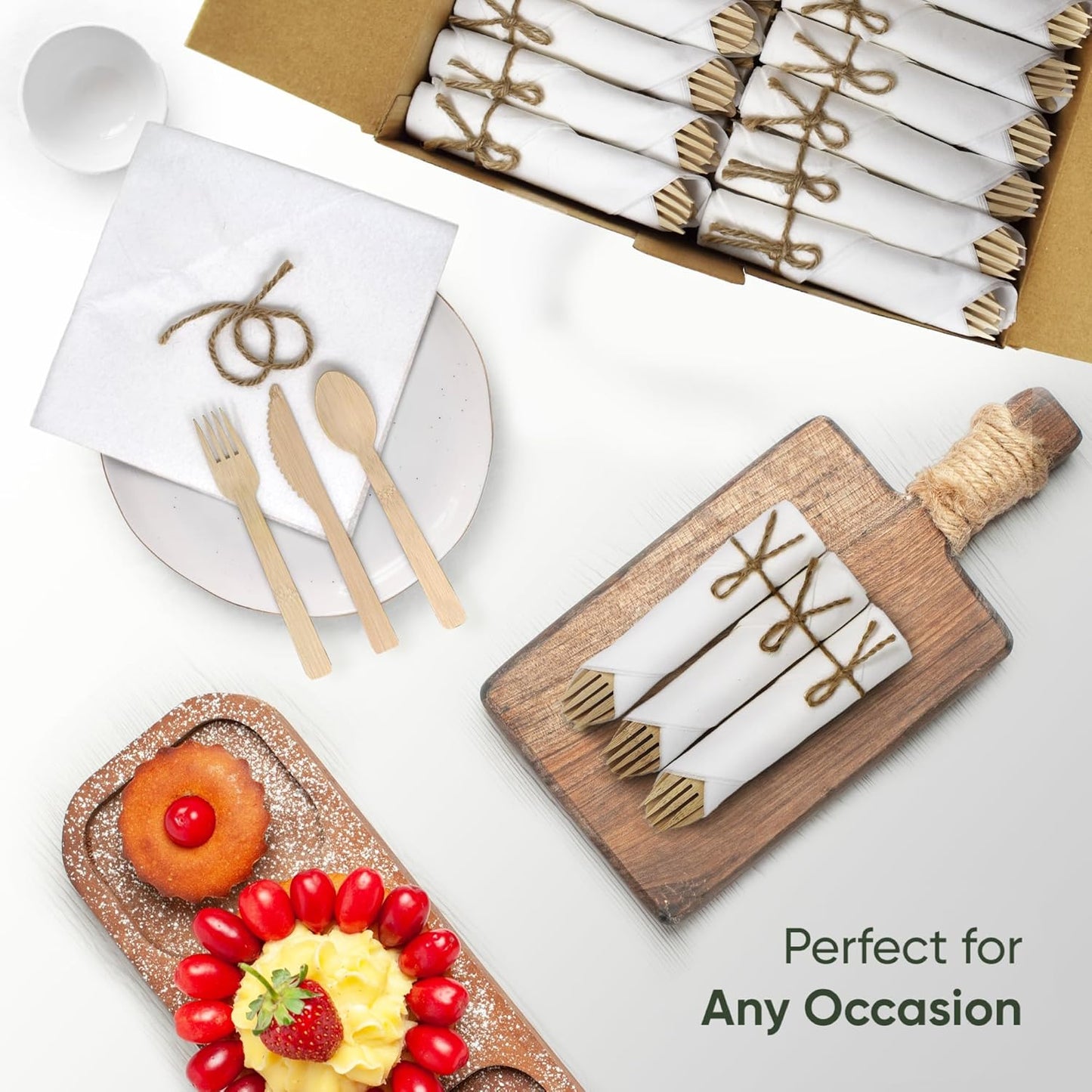 Premium Pre-Rolled Napkin and Bamboo Cutlery Set (100 Pack, 400 PCS) 100% Biodegradable, Eco-Friendly, Disposable Wrapped Cutlery - Includes Pre-Wrapped Bamboo Forks, Knives, Spoons, Napkins