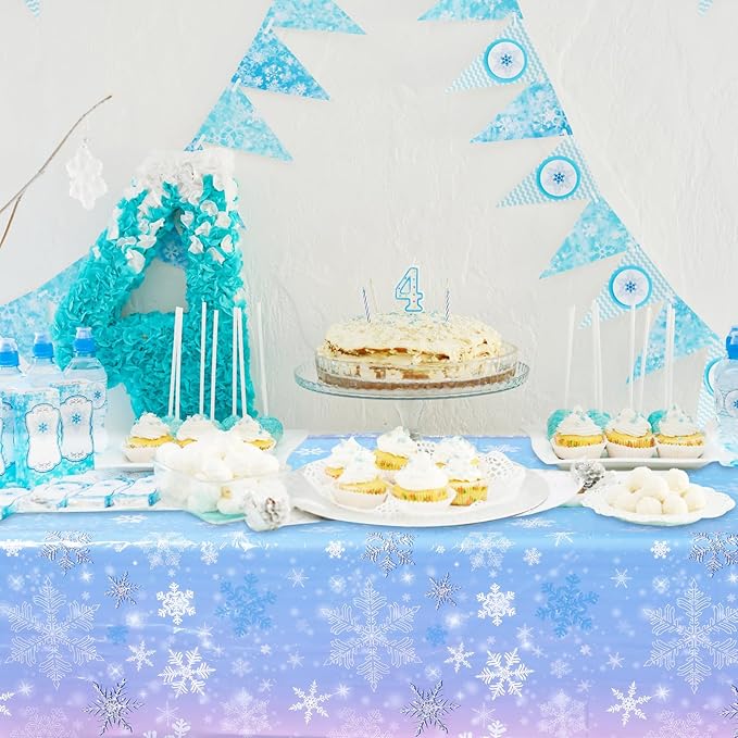 Buryeah 3 Pcs Winter Snowflake Disposable Tablecloth Decorations, Blue and Purple Wonderland Plastic Table Cover 54 x 108 Inch Christmas Dining Tablecloth for Winter Holiday Theme Party Supplies