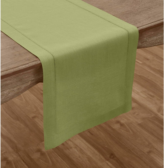 Solino Home Linen Moss Green Table Runner 90 Inches Long - 100% Pure Linen Hemstitch 14 x 90 Inch Table Runner for Dining, Fall, Autumn, Thanksgiving - Classic Hemstitch