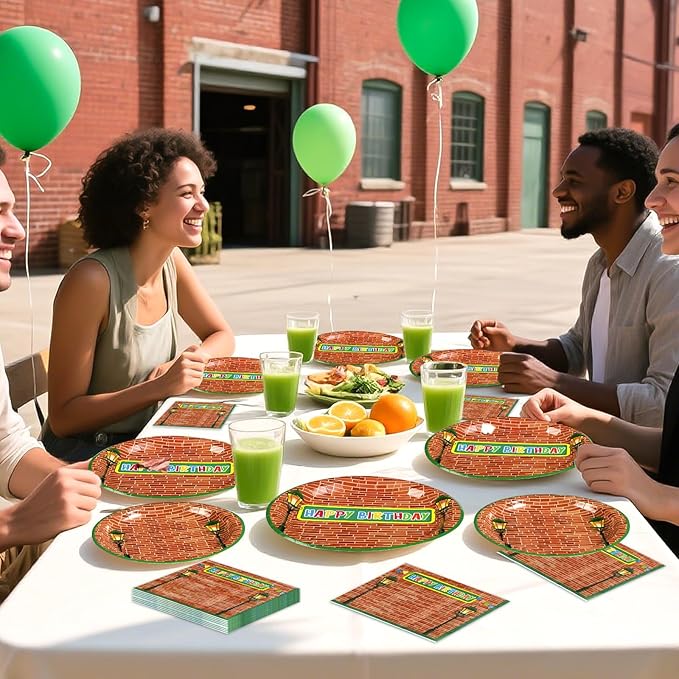 Grencian 96 Red Brick Wall Street Party Supplies Modern Cartoon Sesame Plates and Napkins Tableware Sets Sesame Birthday Disposable Plate for Kids Birthday Baby Shower Serves 24