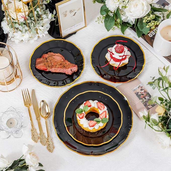 supernal 60pcs Black and Gold Birthday Plates Plastic Plates for Party and Fancy Disposable Plate Heavy Duty Scalloped Plate Wedding Disposable Dinnerware Included 30 Dessert & Dinner Plate