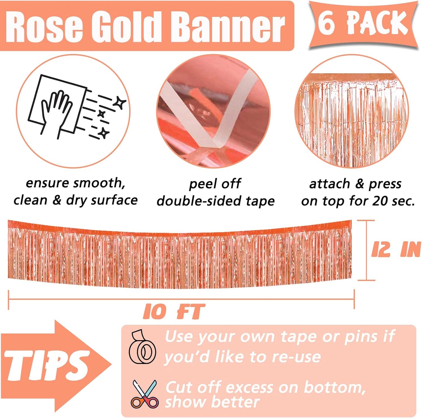 6 Pack 10 Feet Foil Fringe Garland Metallic Tinsel Banner Wall Hanging Curtain Streamers Backdrop for Parade Floats Bachelorette Wedding Birthday Party Thanksgiving Christmas Decorations(Rose Gold)