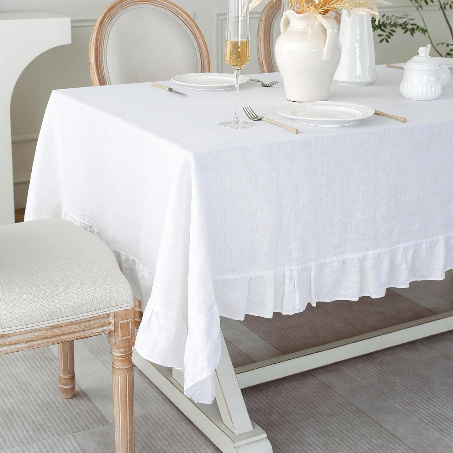Linen World Ruffle Linen Tablecloth,100% French Linen White Tablecloth 120" x 60" Inch,Washable Rectangular Tablecloth for Dining,Outdoor,Weddings and Restaurants,Decorative Thanksgiving Christmas