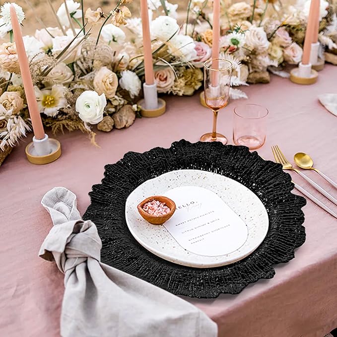 50 Pcs Black Charger Plates Bulk 13 Inch Plastic Charger Plates for Dinner Plate, Black Chargers for Table Setting, Reef Design Plate Floral Decorative Round Chargers for Wedding Party, Event