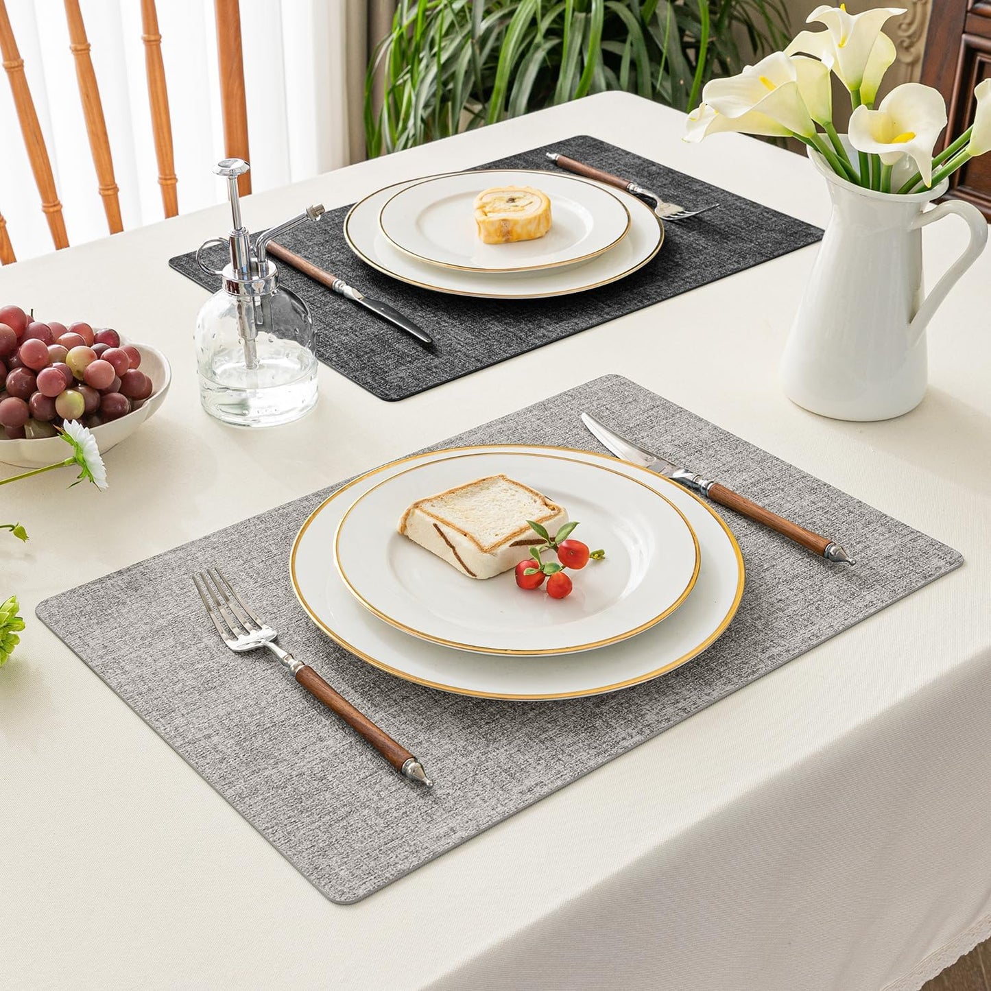 Romanstile Reversible Vinyl Placemats Set of 8, Faux Leather 100% Waterproof Oil-proof Wipeable Place Mats, Heat Resistant Dual Sided Table Mats for Kitchen/Dining/Party (Grey Light Grey, 12 x 17 Inch