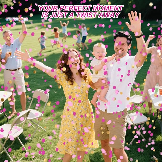 2 Pack Gender Reveal Confetti Cannon, 12 in Pink Round shaped Paper Party Poppers Cannons, Confetti Poppers For Baby Girl Gender Reveal Baby Showers (Round, Pink)