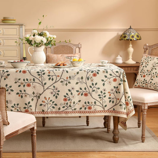 ISAENNE Designer Floral Extra Long Rectangle Tablecloth,French Linen Light Beige Indoor Table Cloth,Fall Wrinkle Resistant Decor Tablecloths for Dining Thanksgiving Kitchen,63"*110"-Flora A