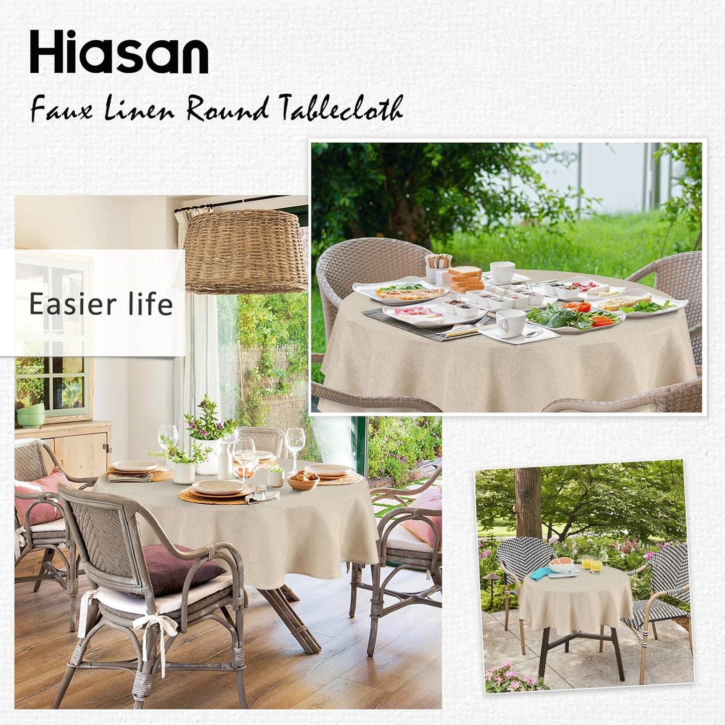Hiasan Round Linen Tablecloth 45 Inch - Wrinkle and Stain Resistant Washable Polyester Fabric Table Cloth for Dining Room Kitchen Party, Beige