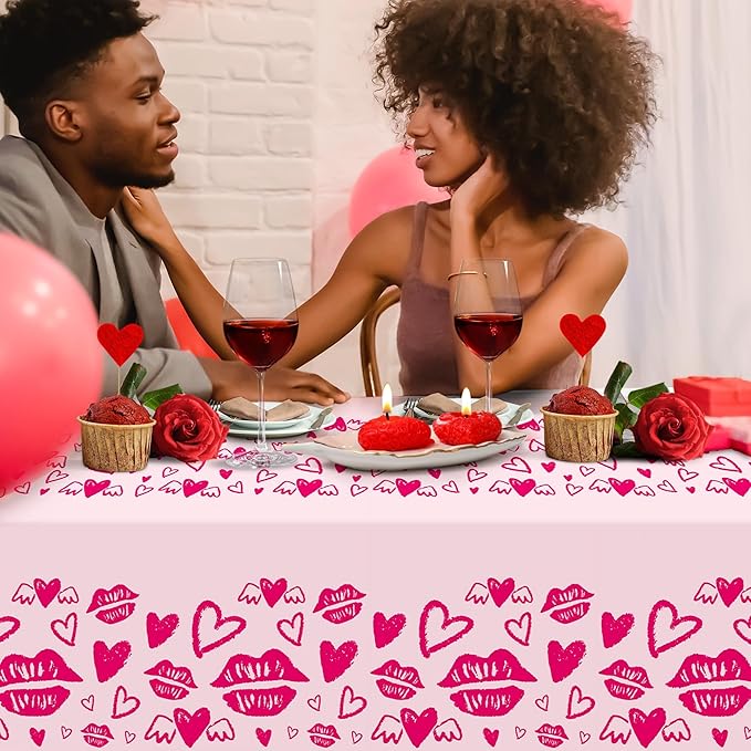 Childom 2 Pcs Valentines Day Tablecloths for Valentines Day Decorations,54" x 108" Disposable Plastic Tablecloths,Rectangle Lip Table Cover for Party Decorations Mothers Day Anniversary Birthday
