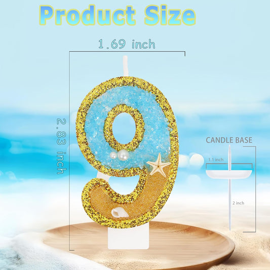 Ocean Number 9 Candle, Glitter Gold Beach Starfish Cake Topper, Tropical Ocean Princess Birthday Decorations for Party Supplies Wedding Anniversaries