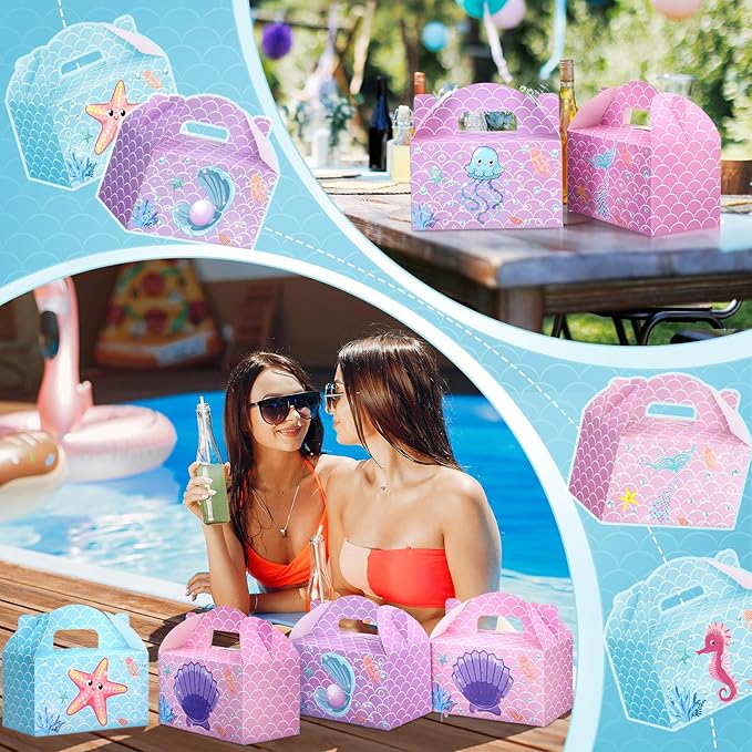 24 Pcs Mermaid Party Favors Treat Boxes Shell Pearl Mermaid Goodie Bags Candy Gift Bags Ocean Gable Box with Handles for Girls Under The Sea Birthday Party Supplies