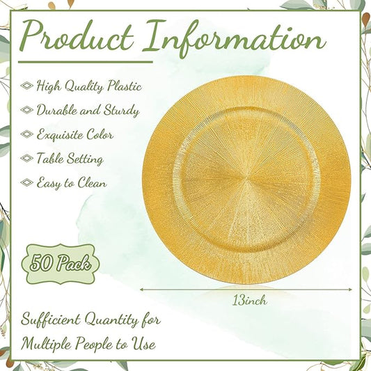 Tanlade 50 Pcs Gold Charger Plates Bulk, 13" Round Plastic Dinner Charger Plate, Shiny Golden Table Chargers Serving Plates Catering Tabletop for Thanksgiving Halloween Christmas Wedding Party Decor