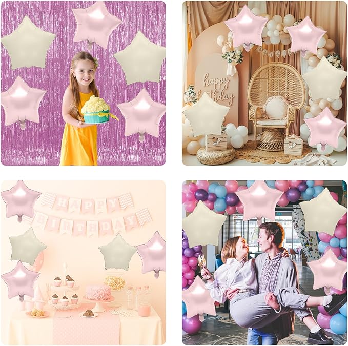 Biapian Baby Pink Star Foil Balloons, 10PCS Light Pink Cream White Foil Stars Shape Balloon, 18 Inch Stars Balloons for Helium Pentagram Balloon for Girls Birthday, Baby Shower Party Decoration