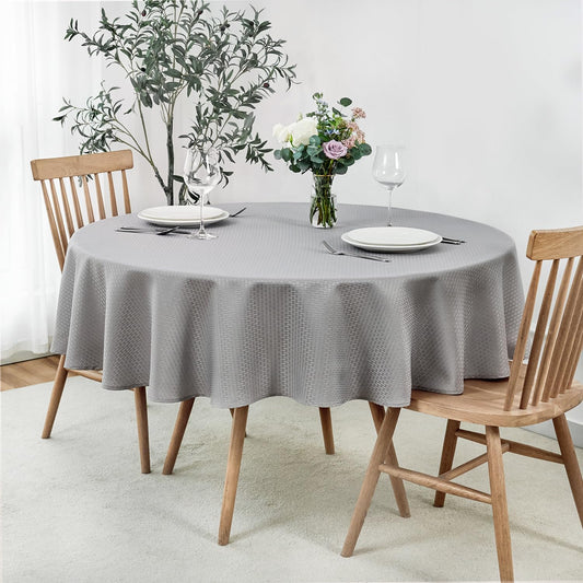 maxmill Round Weaved Texture Design Tablecloth Spill-Proof Wrinkle Free Soft Washable Table Cloth for Circular Table Cover, for Dining Room Buffet Banquet Parties Holiday Dinner, 90 Inch Light Grey