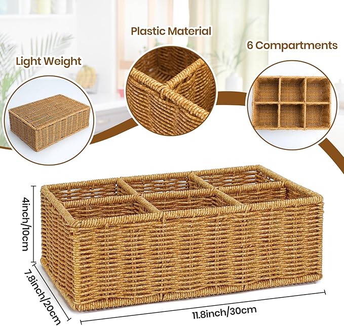 Wicker Silverware Caddy for Party, Woven Rattan Utensil Holder, Knife Fork Spoon Holder, Countertop Cutlery Storage Box, Cabinet Tabletop Silverware Organizer (Brown Gold)