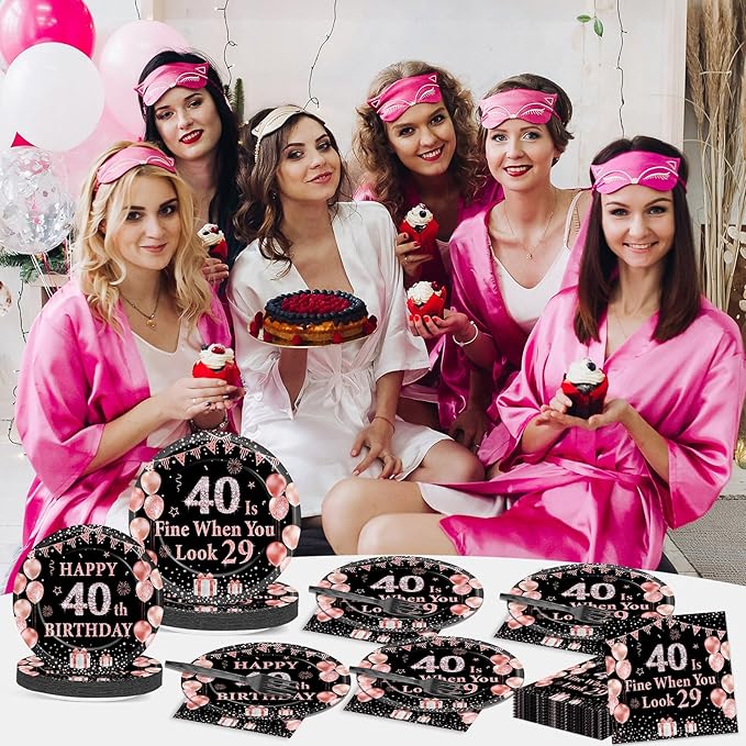96PCS 40th Birthday Paper Plates and Napkins for 40 Is Fine When You Look 29 Themed Party Supplies Black Rose Gold Dinnerware Set for Women Cheers to Forty Birthday Gatherings Decorations