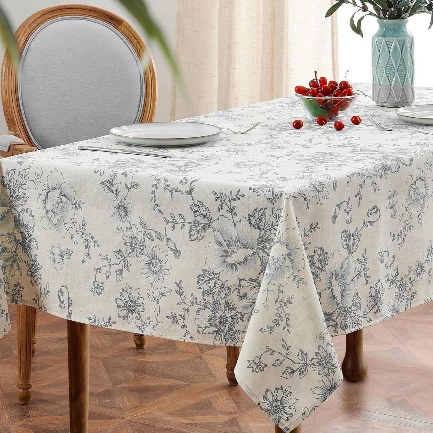 jinchan Linen Table Cloth 52 x 52 Inch with Gray Flower Print Farmhouse Beige Linen Blend Cloth for Square Dining Table Washable Cottage Table Cover Home Decor 1 Panel Floral Grey on Beige