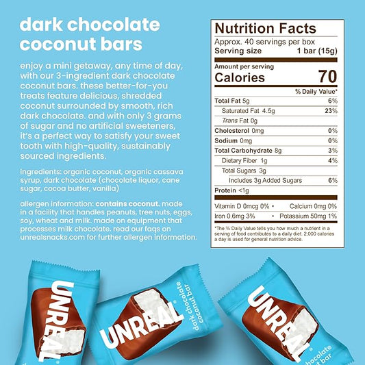 UNREAL Dark Chocolate Coconut Bars (40 Mini Bars) | Vegan, 3g Sugar, & 3 Simple Ingredients | Non-GMO, Gluten Free, & Fair Trade | .53oz each