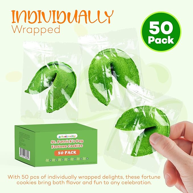4E's Novelty St Patricks Day Fortune Cookies (50 Pack) Bulk Individually Wrapped Green Fortune Cookies With 50 Unique St Patricks Day Themed Fotune, Party Favors & Candy Bowl Filler