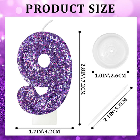 Birthday Number Candles, Glitter Number Candle Cake Decorations with Sequins, Cupcake Decorations for Girls, Women, Party Anniversary Celebrations (Number 9, Purple)