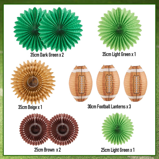 Football Party Decorations, Super Bowl Party Decorations, Football Paper Lanterns and Green Brown Hanging Paper Fans, for Boy's First Year Down Birthday Party Decorations