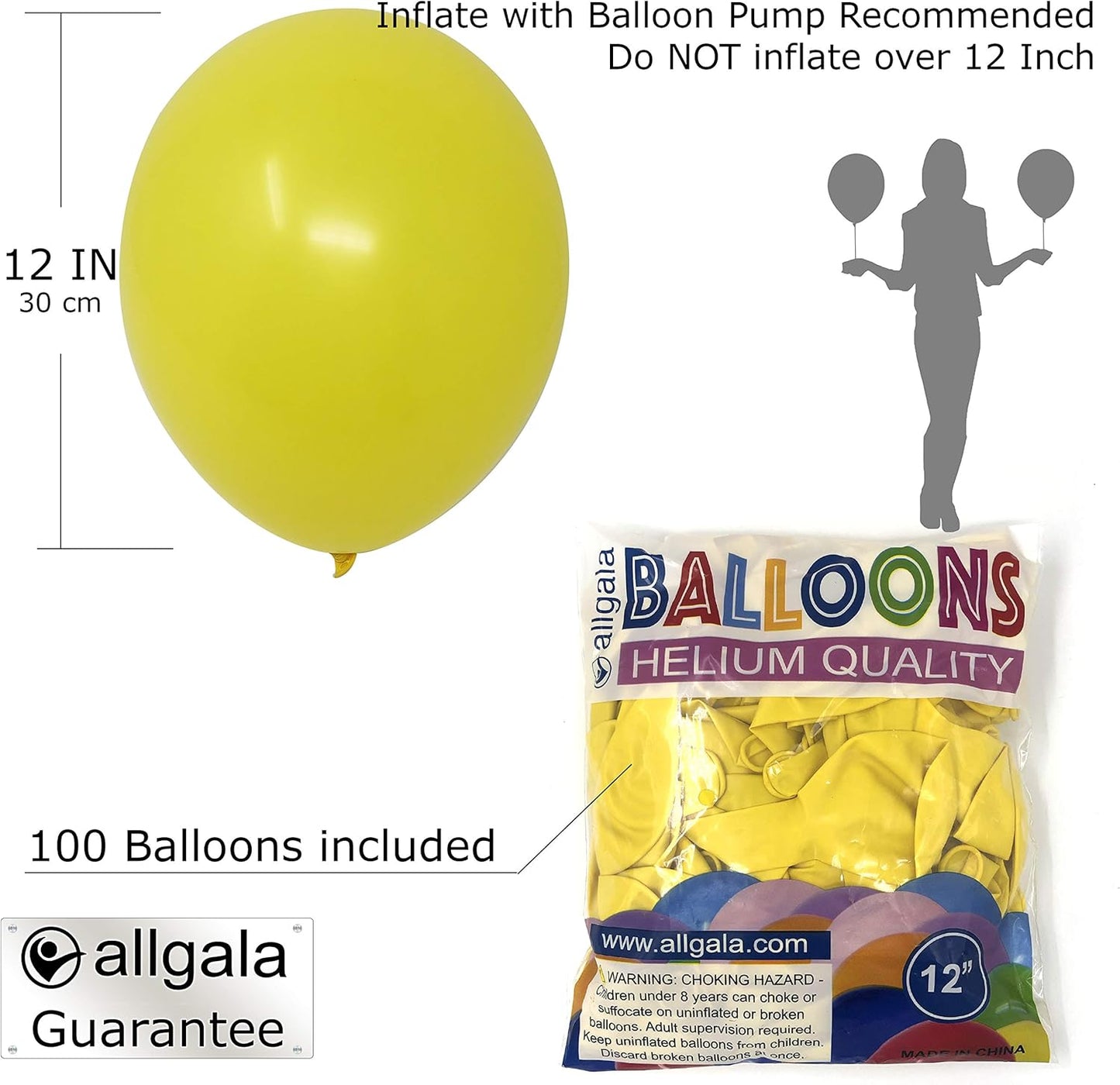 Allgala Latex Balloons for Parties | Helium Grade Bulk Balloon Pack | Ideal for Birthday Party Decorations, Baby Shower, Christmas Party | Colored Balloons for Events | 100ct 12" - Yellow