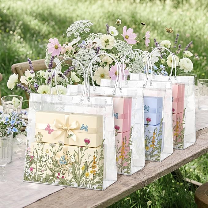 Kacctyen 24 Pcs Gift Bags for Party Favor Clear Goodie Bags with Handle 7.87 x 7.87 x 3.15 Return Gift Wrap Totes for Guests Treat Candy Wrapping(Vintage Wildflowers)