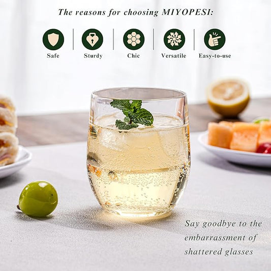 14oz Clear Thick Stemless Wines Cups (Set of 6), Shatter-Proof Acrylic Old-fashioned Glasses, Reusable Plastic Bar Glasses, BPA-Free, Dishwasher-Safe