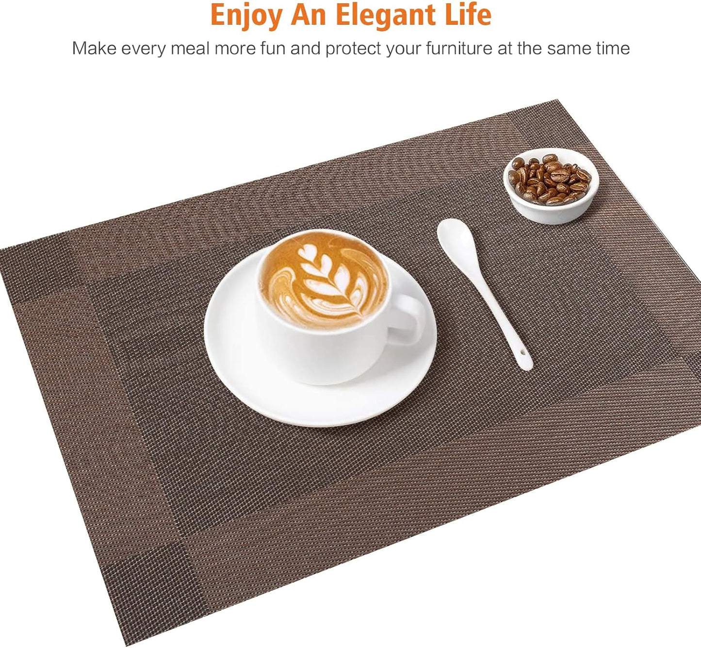 Placemats Set of 12,Washable,Heat and Stain Resistant Indoor/Outdoor Place mats,Vinyl Woven Non Slip Table Mats for Restaurant Table Protection,PVC Placemats(Brown,12PCS)