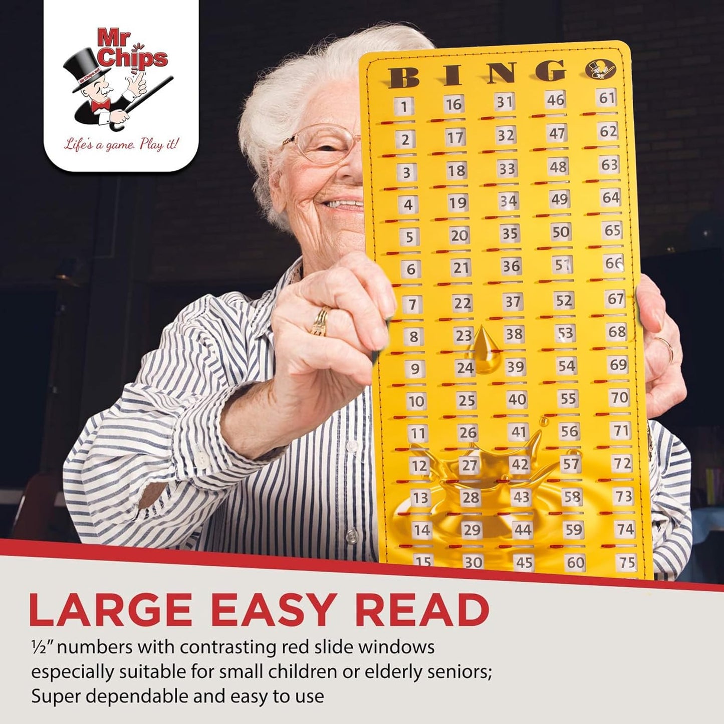 MR CHIPS Jam-Proof Finger Tip Master Bingo Card with Sliding Windows Large Cardboard Calling Cards Gold Rush Style