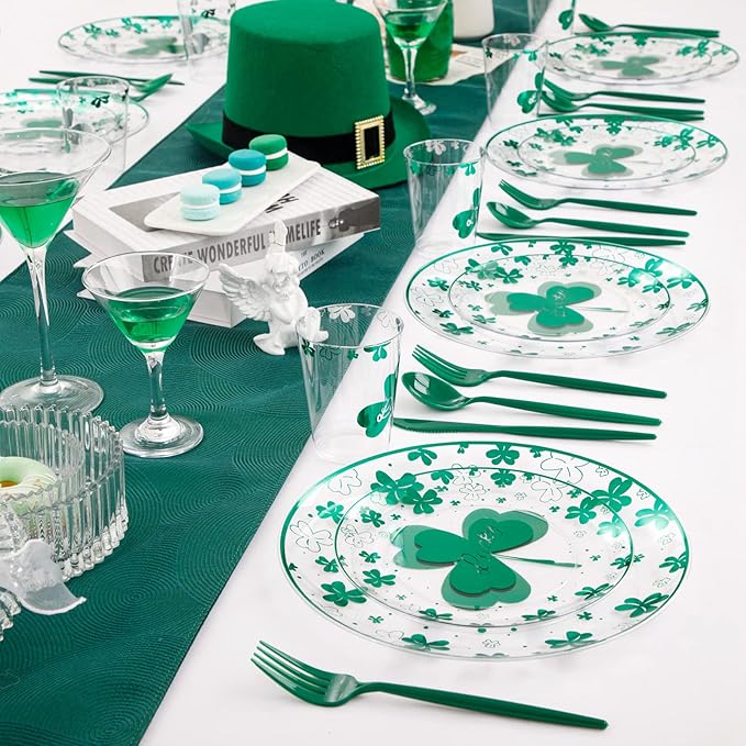 U-QE 60PCS St Patricks Day Plates - Clear and Green Disposable Plates - Premium Hard Green Plastic Plate Including 30 Dinner Plate 10.25'' & 30 Dessert Plate 7.5 '' Perfect for St. Patrick’s Day