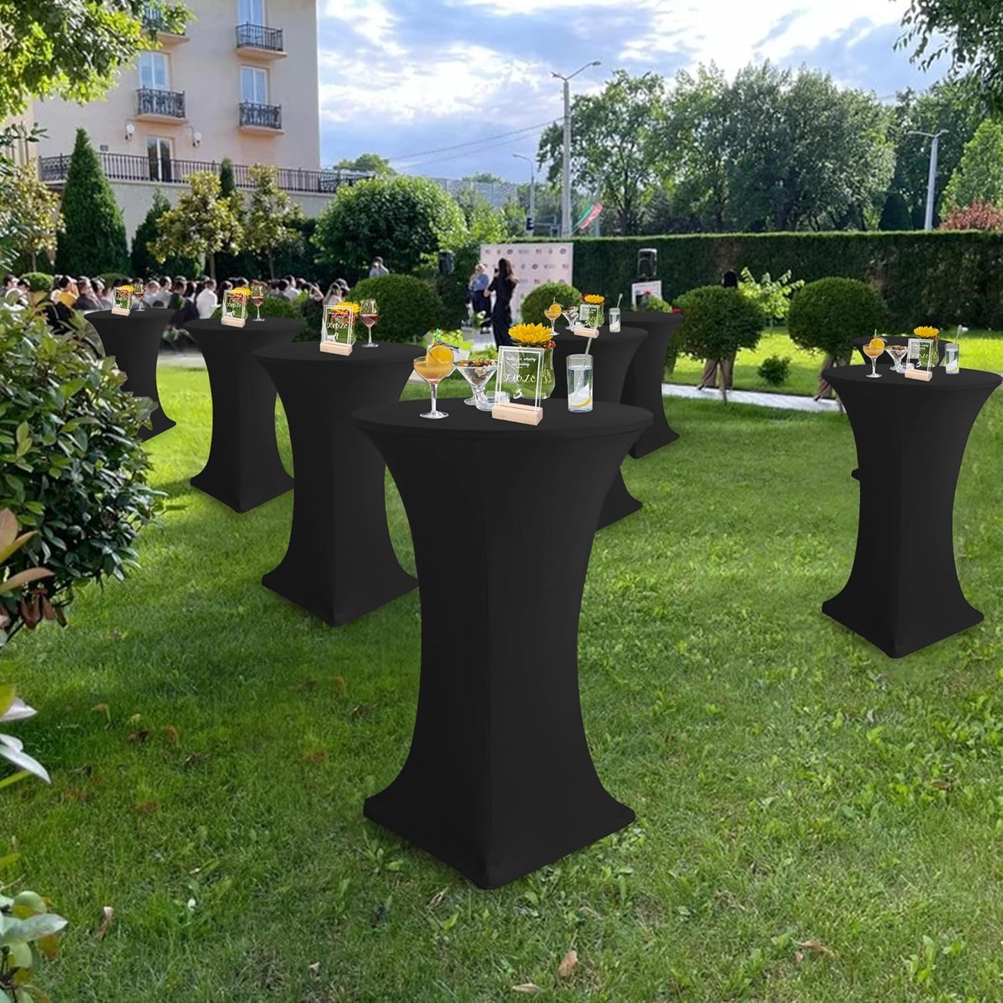 Cocktail Table Covers-Spandex Round High Top Table Cloths 10 Pack 32x43 Inch-Black Stretch Fitted Bar Tall Tablecloth for Pub Bistro Highboy Party Event Banquet Height Folding Satnding