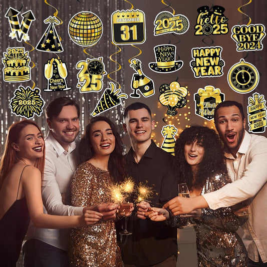 40Pcs Happy New Year Decorations Hanging Swirls, Black and Gold Happy New Year Hanging Swirls Ceiling Decor Happy New Year Hanging Decorations New Year's Eve Party Decorations Supplies 2025