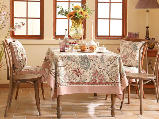 patdrea Designer Pink Linen Table Cloth for Rectangle Table,Vintage Floral with Birds Pattern Decorative Tablcloth,French Table Cover for Kitchen Dining,Thanksgiving,Christmas,55"x87"-Kulom a