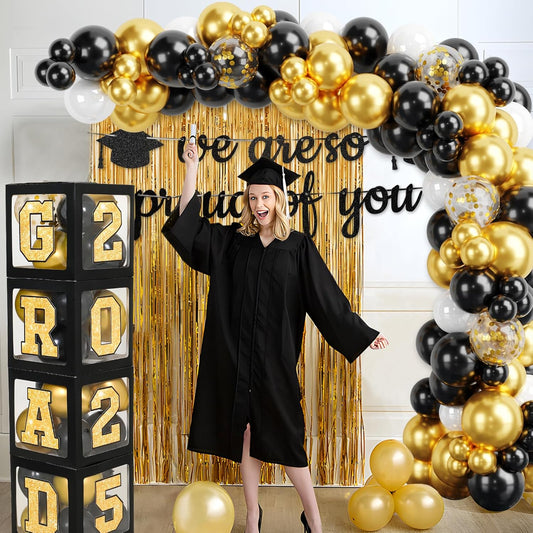 Graduation Decorations Class of 2025 - Black Gold Graduation Party Decorations include Balloon Boxes with Letters, Banner and Balloon Arch Kit for 2025 Grad Party Supplies Photo Backdrop