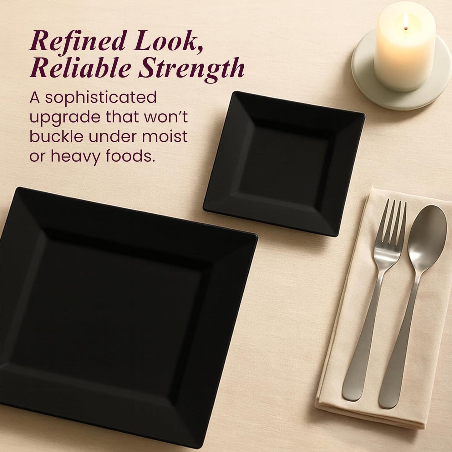 Aya's Square Plastic Plates - 6.5"/9.5" Black Disposable Plates for Party - Heavy-Duty Reusable Food Grade Plastic - 60 Count - Thick and Durable to Prevent Breaking - Ideal for Events and Gatherings