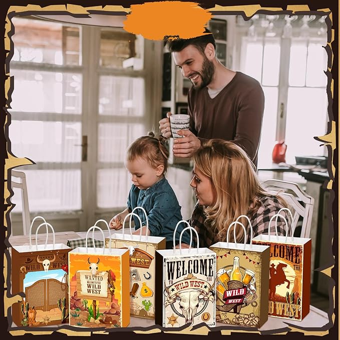 Outus 24 Pcs Cowboy Party Favor Bags Western Cowboy Goodie Candy Bags Paper Rodeo Bag Wild West Gift Treat Pouch with Handles for Cowgirl Birthday Party Supplies