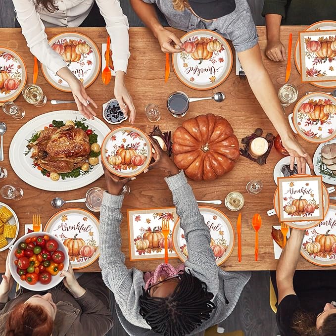 Autumn Harvest Thanksgiving Party Supplies Set - Complete Disposable Dinnerware Set for Thanksgiving Fall Party, Serves 24 Guests - Includes Plates, Cups, Napkins, and Cutlery