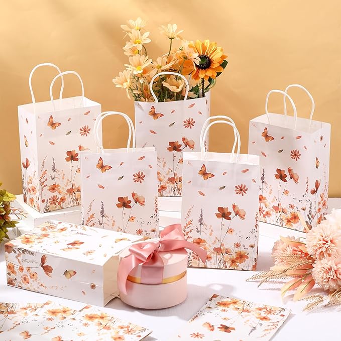 Marspark 24 Pcs Thanksgiving Floral Paper Gift Bags Wildflower Treat Bag with Handles for Wedding Birthday Baby Shower Autumn Floral Candy Goodie Bag for Guests, 8.3'' x 5.9'' x 3.1''(Butterfly)
