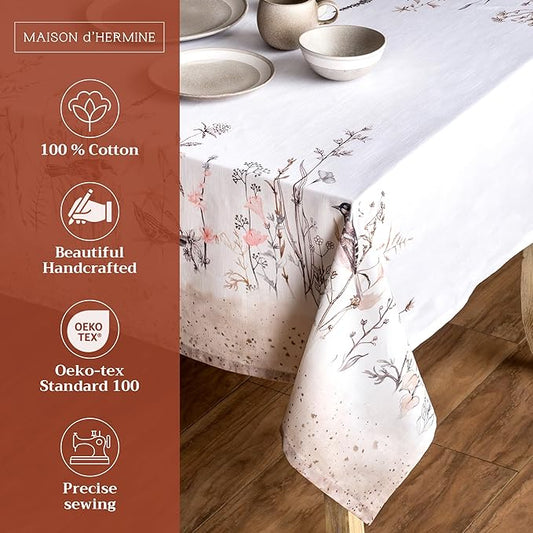 Maison d' Hermine Table Cloth Rectangle Table 100% Cotton 70 x 108 Inches Tablecloth Reusable Decorative for Dining Room Farmhouse Home Valentines Day Decorations Spring Summer- Meadow Florals - Brown
