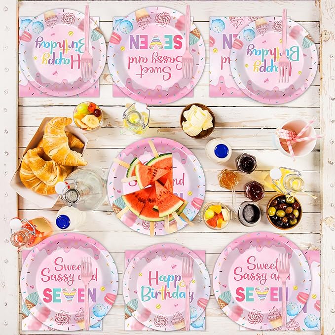 96 PCS Donut 7th Party Plates and Napkins CHristmas Donuts Party Tableware Supplies Sweet Sassy Seven Year Old Plates Napkins Decors Donuts Decorations for Kids Birthday Gatherings Decorations