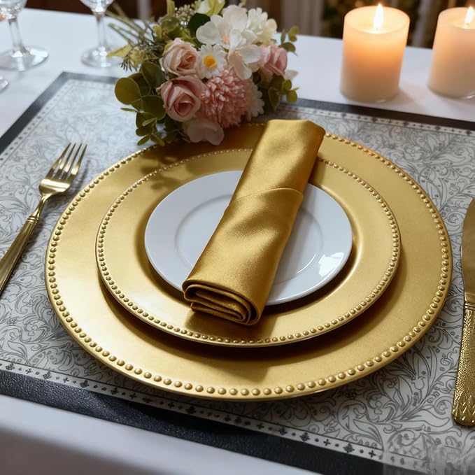 6/50/100 Pcs Elegant Plastic Beaded Charger Plates - Round Gold Silver Black Wedding Party Dinner Decorative Plate Set, Durable for Halloween Christmas Birthday Decor