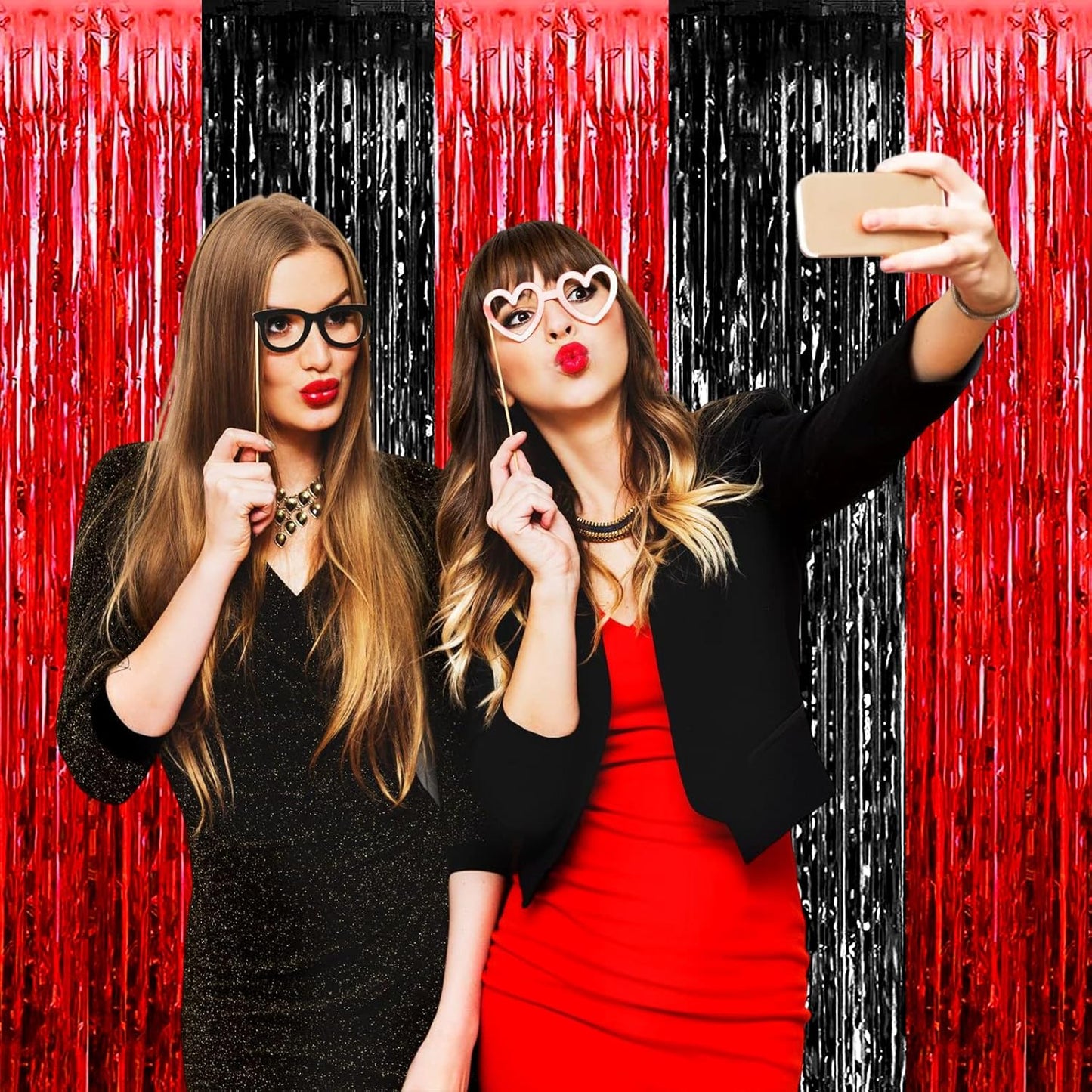 4 Pack Black Red Foil Fringe Curtain Backdrop, 3.28Ft x 9.8Ft Metallic Tinsel Foil Fringe Streamers Curtains for Photo Booth, Wedding, Casino Viva Las Vegas Game Night Birthday Party Decoration