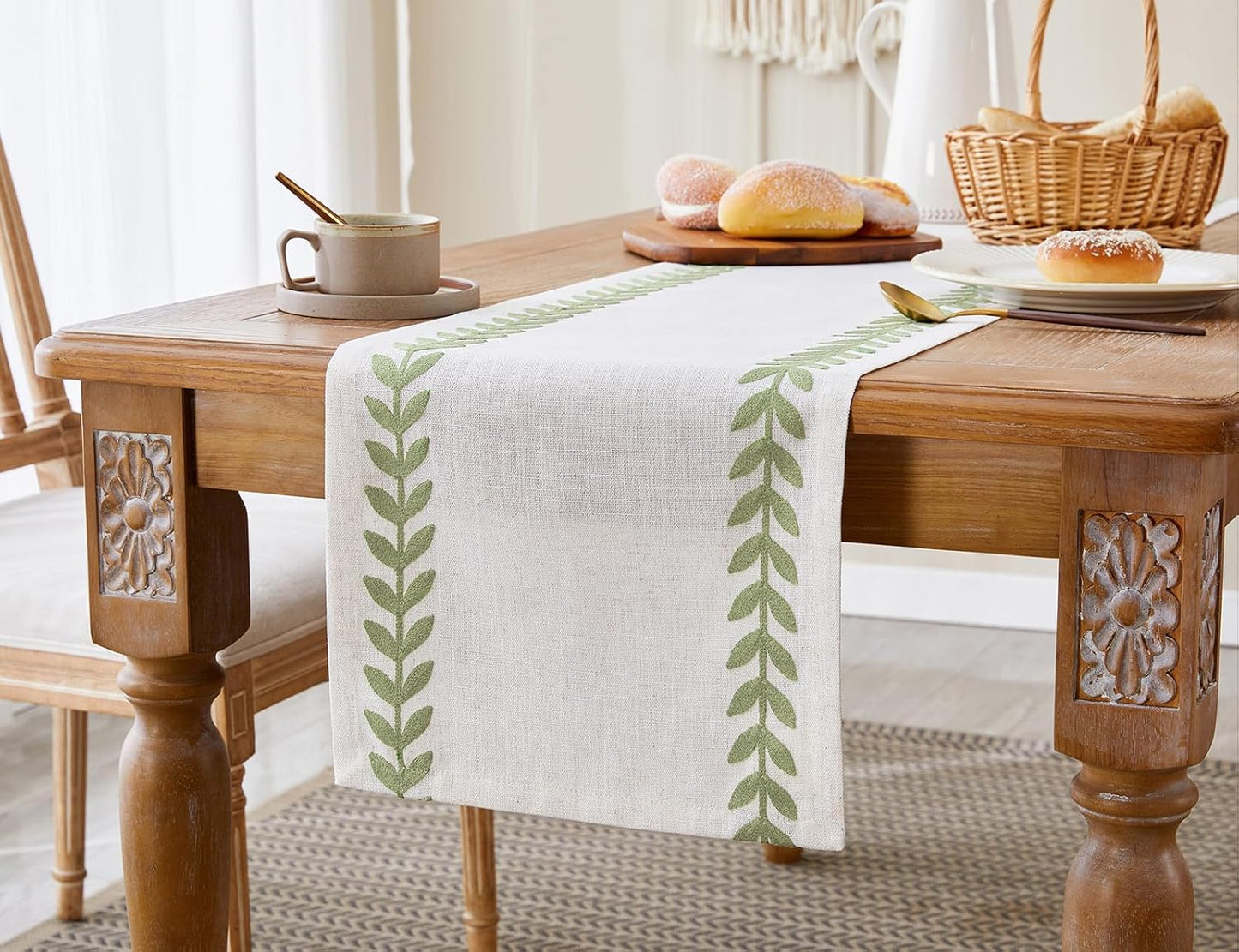 Wracra Embroidered Table Runner Irregular Willow Leaf Table Runners 108 Inches Long for Dresser Home Dining Table Decor,14 x 108 Inch, Light Sage Green
