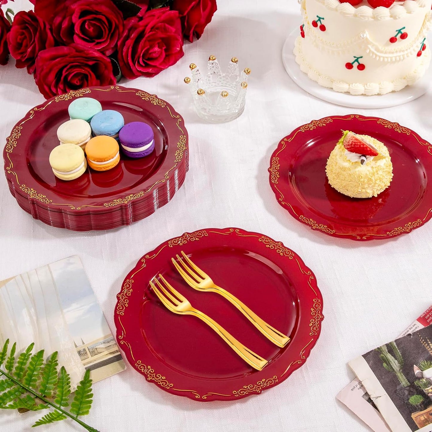 LIYH 100 Pcs Burgundy Gold Plastic Dessert Plates with 100 Pcs Gold Dessert Forks, Disposable Red Salad Plates Includes 100 Appetizer Plate 7.5"and 100 Golden Cake Forks 5 "