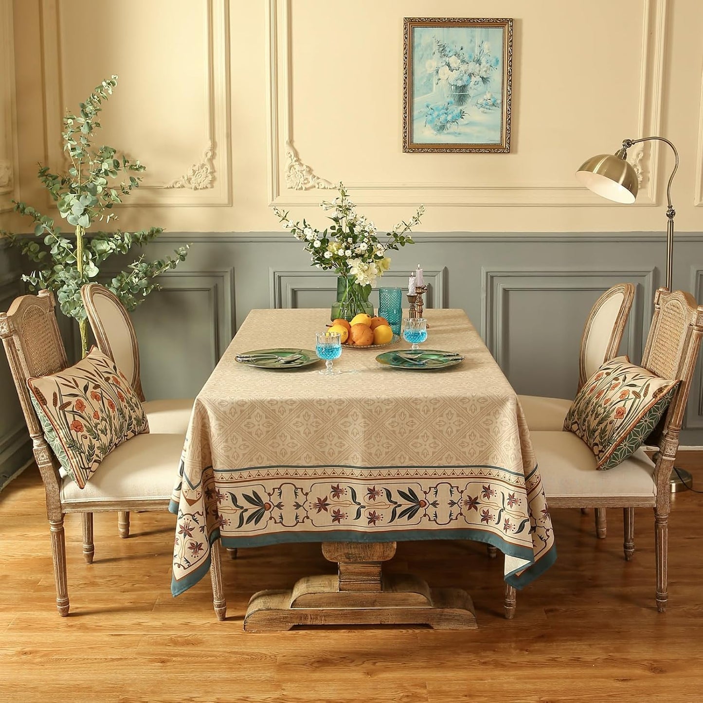 patdrea Designer French Linen Long Tablecloth for Rectangle Table,Beige Anti-Wrinkle Floral Farmhouse Table Cloth,Decor Covers for Kitchen Dining,Tea Party,Christmas,Thanksgiving,63"x94"-Fram