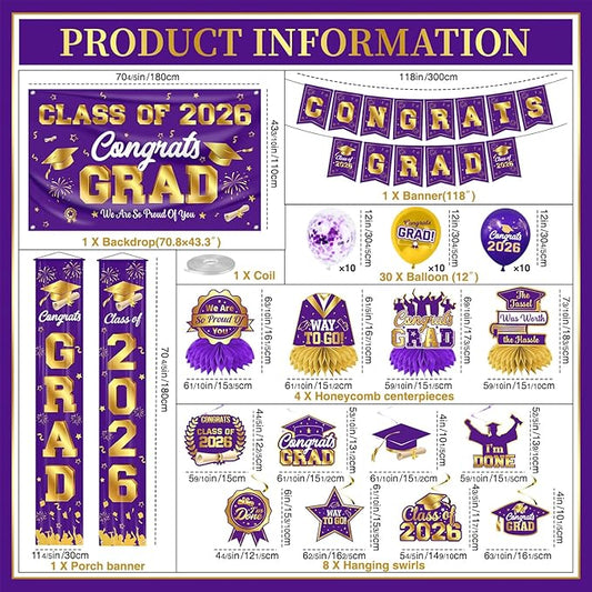 Graduation Decorations Class of 2026 Purple and Gold Graduation Party Decor Set include Congrats Grad Banner Backdrop Class of 2026 Balloons Party Supplies