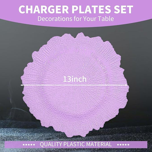 50 Pcs Lavender Charger Plates Bulk 13 Inch Plastic Charger Plates for Dinner Plate, Lavender Chargers for Table Setting, Reef Design Plate Floral Decorative Round Chargers for Wedding Party, Event