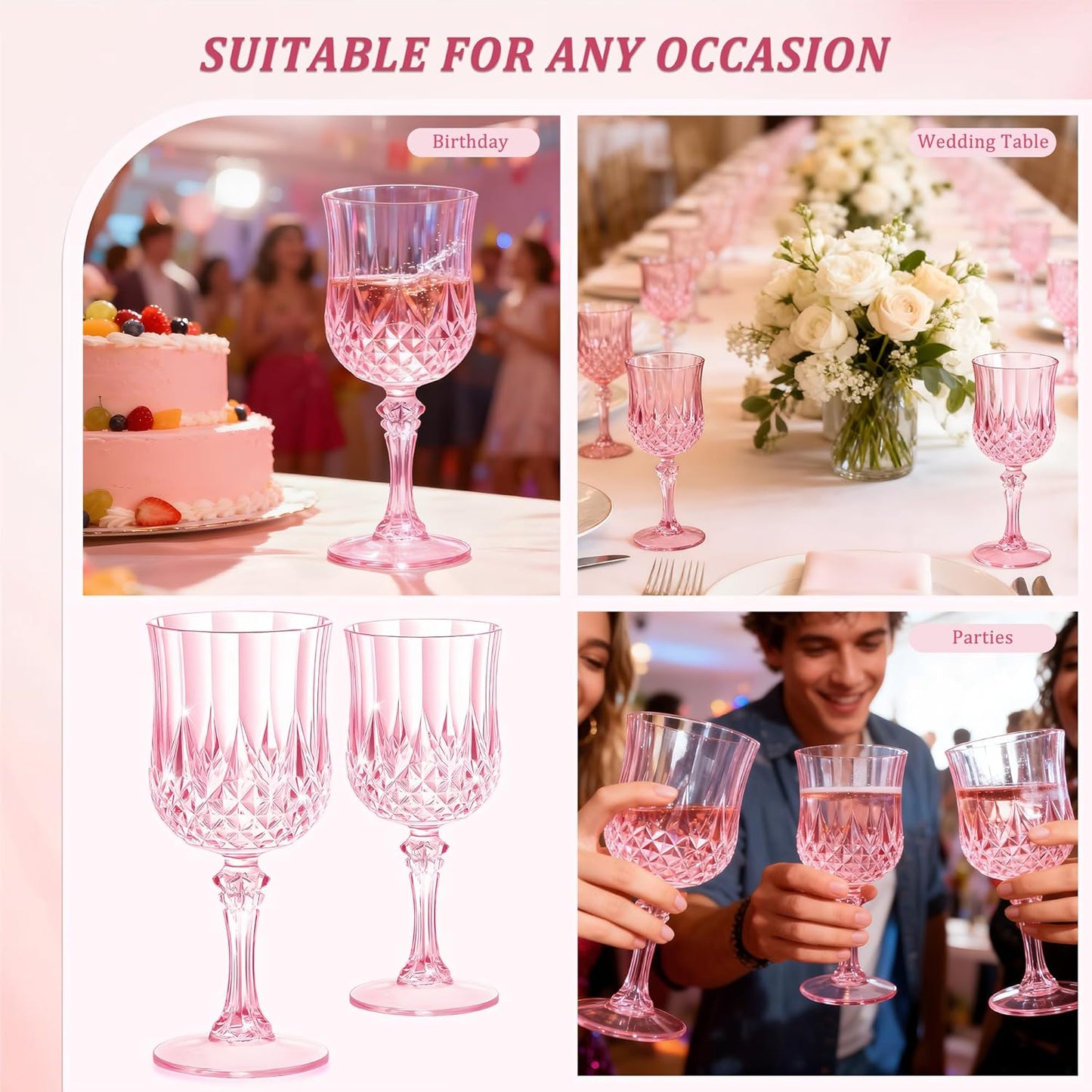 48PCS 7OZ Pink Wine Plastic Glasses, Drinking Champagne Glasses Flutes Crystal Vintage Water Unbreakable Goblets for Wedding, Parties